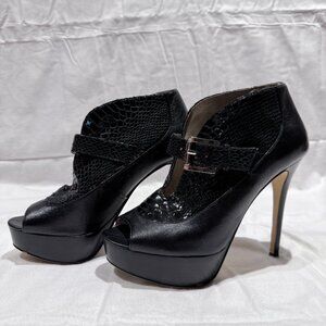 Michael Kors Peep Toe Booties Size 7 Black Leather Snakeskin Platform Heels